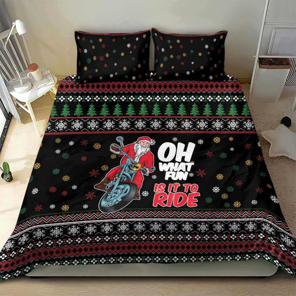 Black holiday bedding set with Santa motorcycle graphic, decorative snowflake and tree stripes