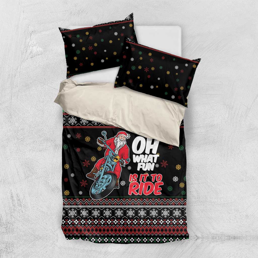 Black bedding set with Santa motorcycle print, “OH WHAT FUN IS IT TO RIDE” message