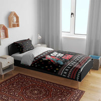 Black Santa motorcycle bedding set spread on a bed with two matching pillow shams