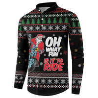 Black long-sleeve button sweatshirt with Santa motorcycle front graphic and holiday pattern.