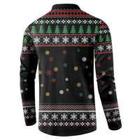 Black long-sleeve button sweatshirt, back holiday pattern with snowflakes and small icons.
