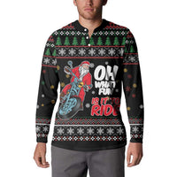 Black long-sleeve button sweatshirt with Santa and motorcycle graphic, worn by a man.