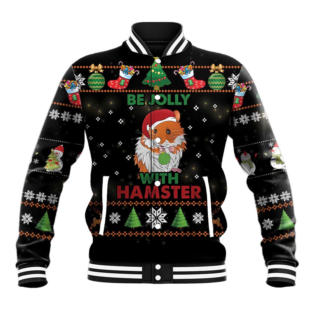 Unisex black baseball jacket with 'Be Jolly with Hamster' festive graphic