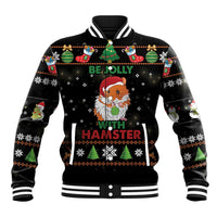 Unisex black baseball jacket with 'Be Jolly with Hamster' festive graphic
