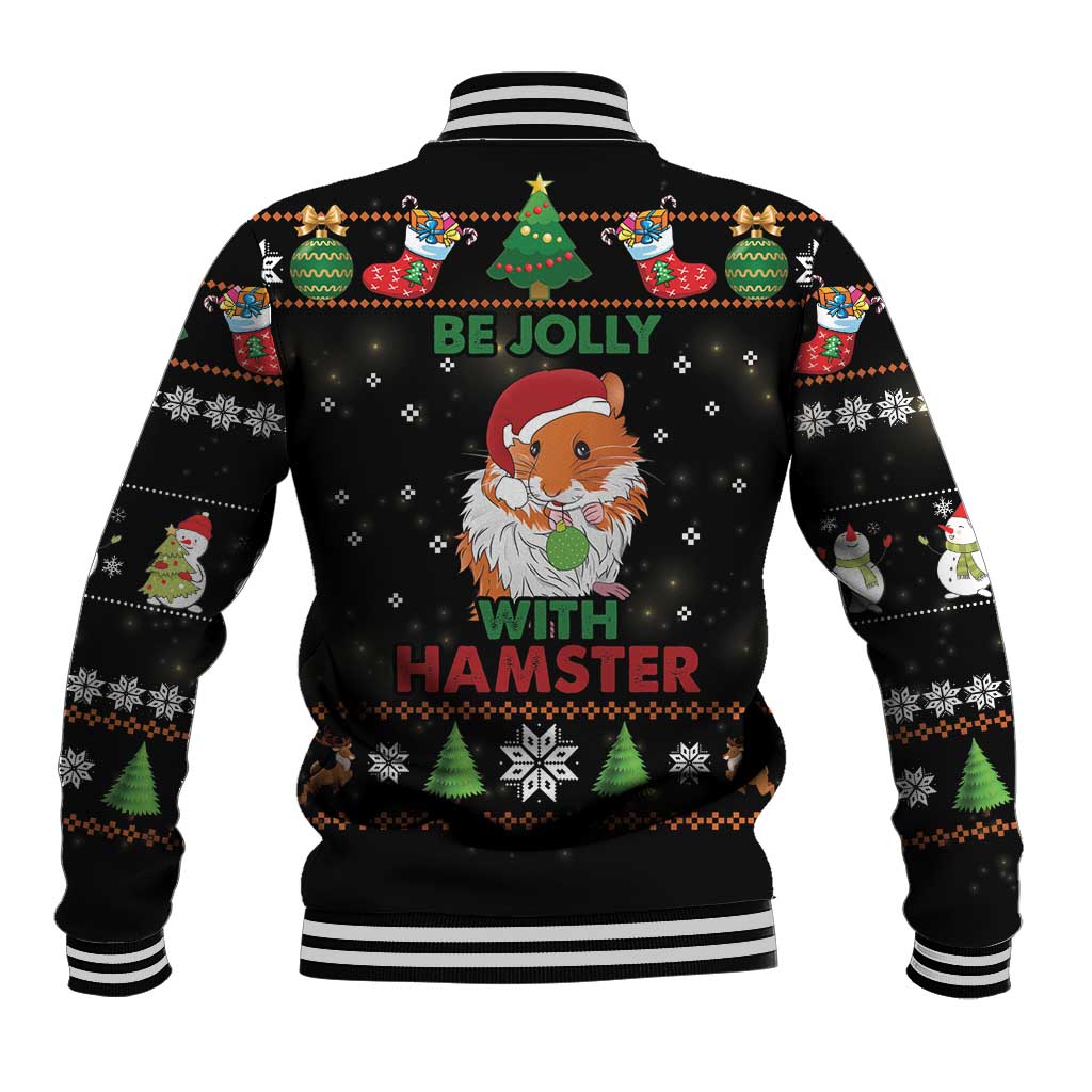 Unisex black baseball jacket with striped collar and 'Be Jolly with Hamster' graphic