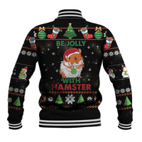 Unisex black baseball jacket with striped collar and 'Be Jolly with Hamster' graphic