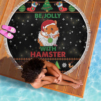 Round black beach blanket with white fringe, hamster holiday graphic and 'WITH HAMSTER'.