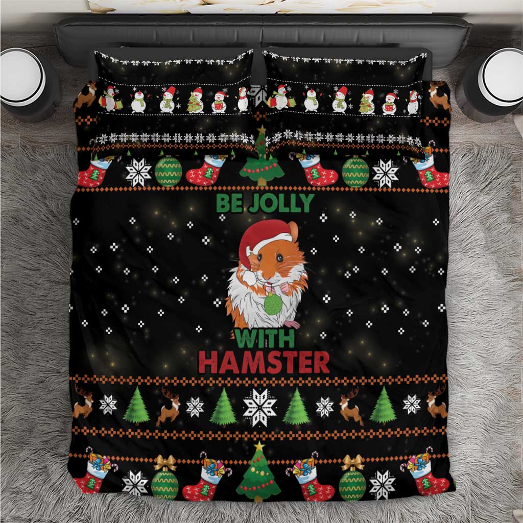 Black Christmas bedding set with hamster graphic and Be Jolly text, festive borders.