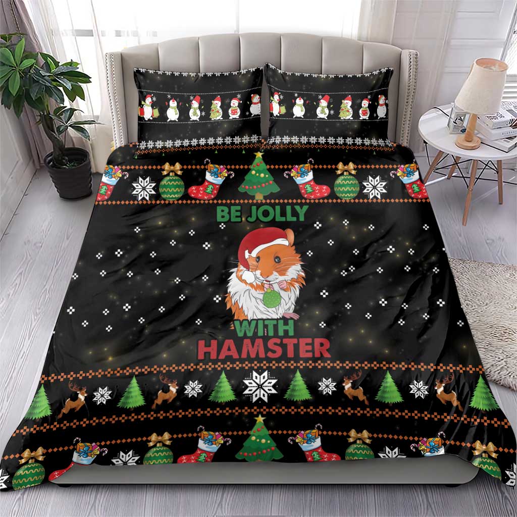 Black Christmas duvet and pillow set with hamster Santa-like figure, Be Jolly wording, borders.