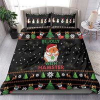 Black Christmas duvet and pillow set with hamster Santa-like figure, Be Jolly wording, borders.