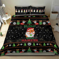 Black Christmas duvet set with hamster character, Be Jolly text, and holiday striped border.