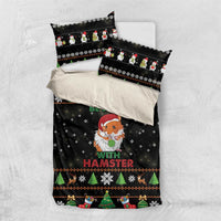 Black Christmas bedding set flat lay with hamster center print, Be Jolly text, 2 pillowcases.
