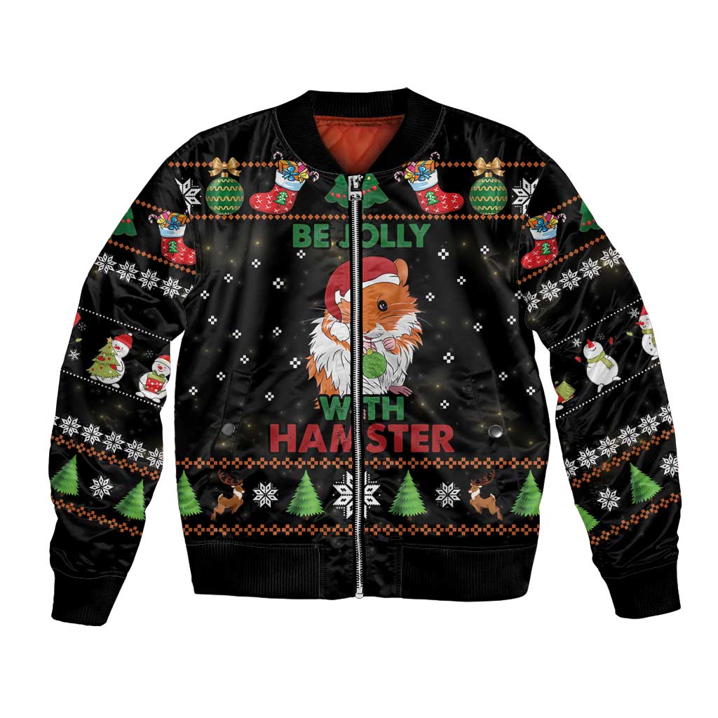 Black bomber jacket with festive hamster and Christmas graphic, full zipper front
