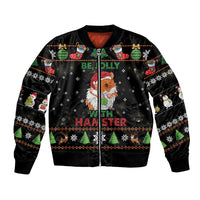 Black bomber jacket with festive hamster and Christmas graphic, full zipper front