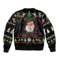Black bomber jacket with Be Jolly hamster graphic and Christmas pattern