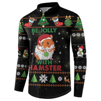 Black button-up long-sleeve sweatshirt with hamster graphic, festive icons, and text