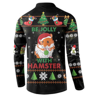 Black long-sleeve button-up sweatshirt with hamster portrait and holiday tree pattern