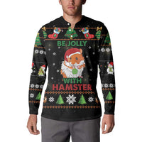 Black button-up long-sleeve sweatshirt worn by a model, featuring hamster holiday print