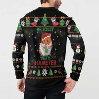 Black back-view button-up long-sleeve sweatshirt with hamster holiday graphic and trees