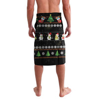 Black Christmas wrap skirt with holiday characters, snowflake bands, and green trees