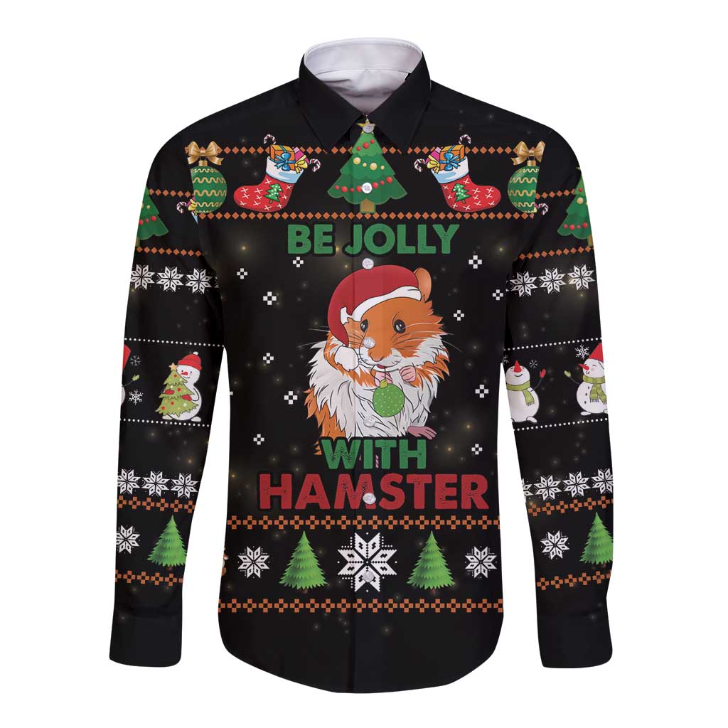Black long-sleeve button shirt with "Be Jolly" hamster holiday graphic