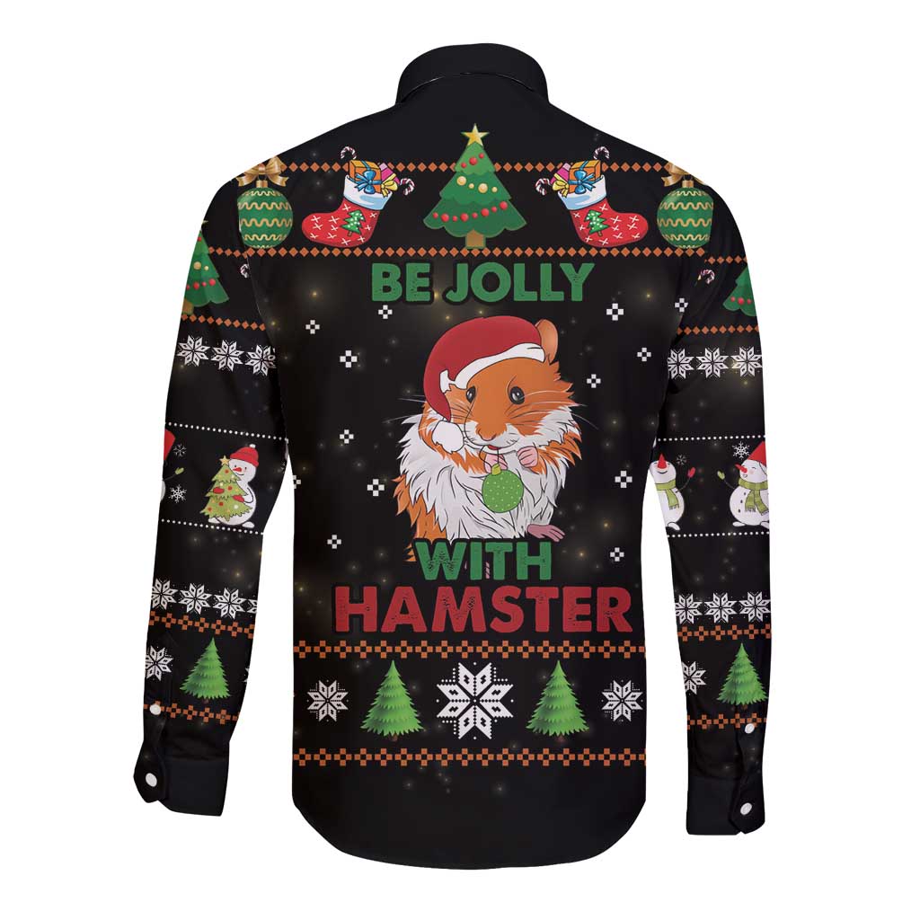 Black long-sleeve button shirt with "Be Jolly" hamster holiday print, back