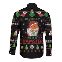 Black long-sleeve button shirt with "Be Jolly" hamster holiday print, back