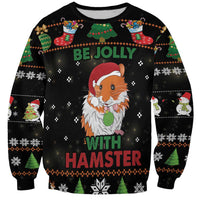 Unisex black sweatshirt with festive hamster graphic and text "BE JOLLY WITH HAMSTER"