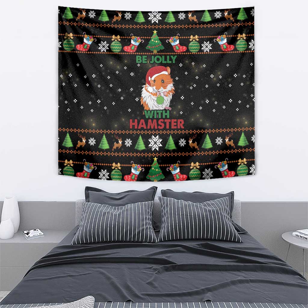 Rectangular black Christmas tapestry featuring a hamster-gnome, “Be Jolly,” and holiday icons