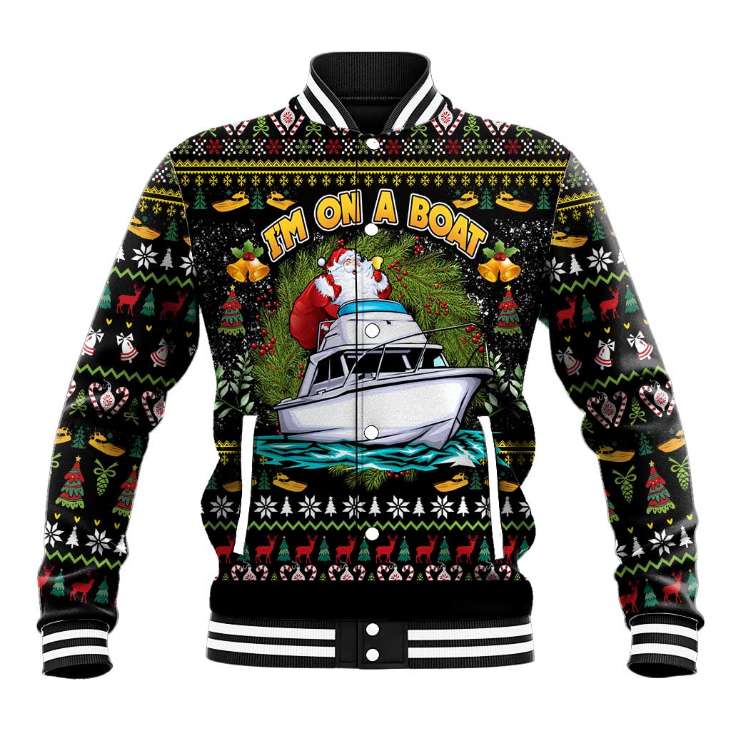 Black unisex baseball jacket, Santa-on-boat front graphic with holiday knit pattern