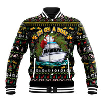 Black unisex baseball jacket, Santa-on-boat front graphic with holiday knit pattern