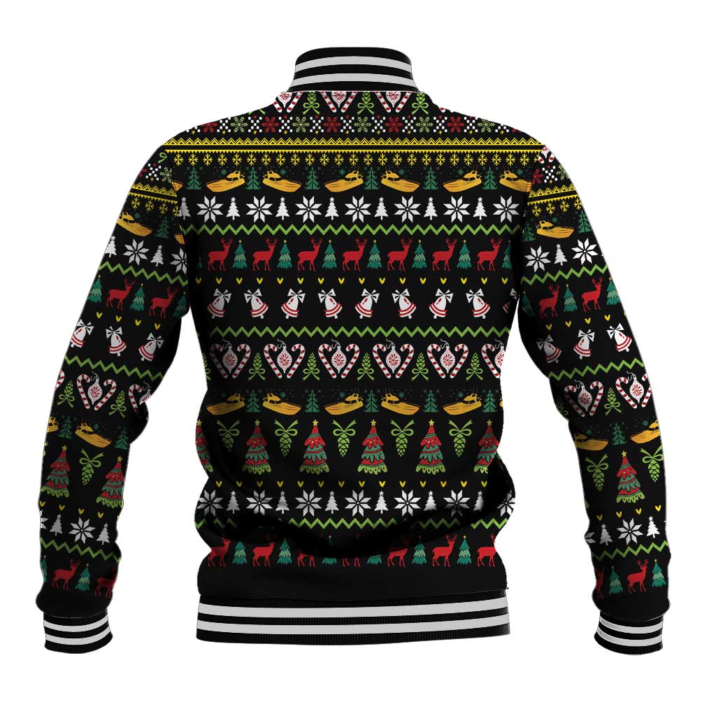 Black unisex baseball jacket back with all-over holiday icons and striped rib trim