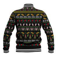 Black unisex baseball jacket back with all-over holiday icons and striped rib trim