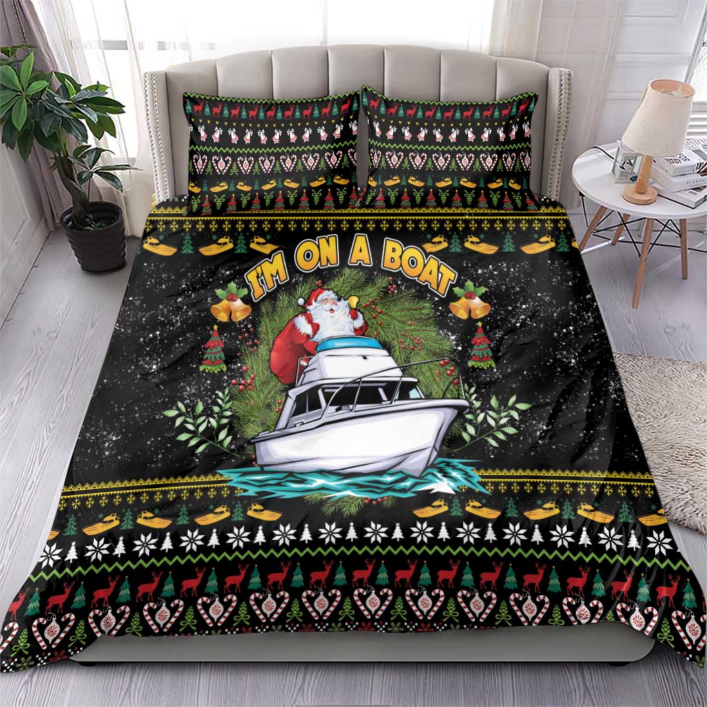 Black Santa-on-a-boat bedding set with multicolor holiday motifs and trim
