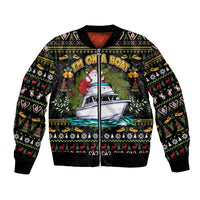 Unisex black bomber jacket with Santa on a boat graphic and festive trim