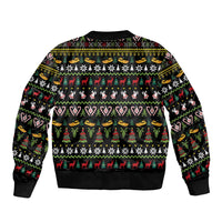 Unisex black bomber jacket with repeating holiday characters and patterned sleeves