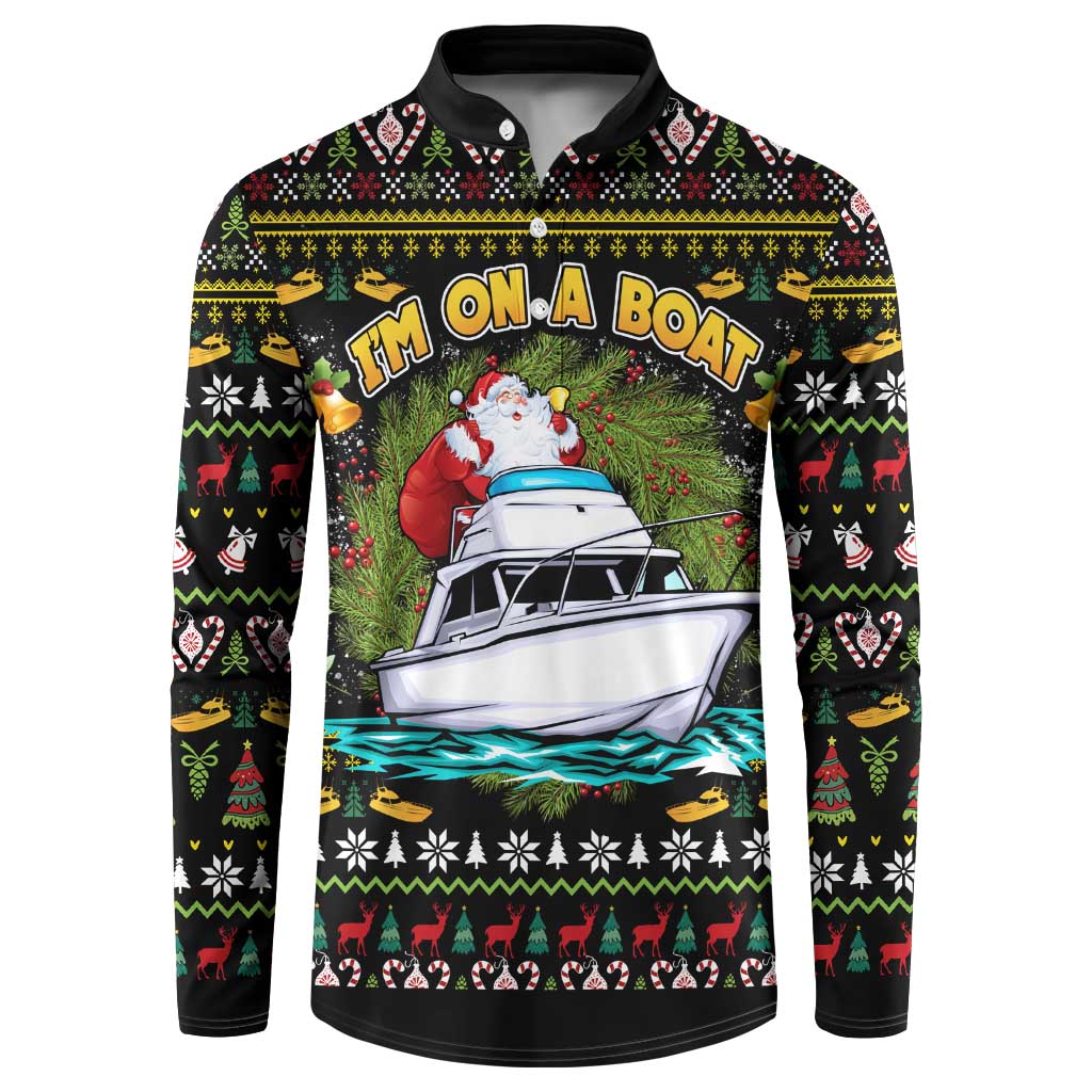Black Santa-and-boat Christmas sweatshirt with buttoned collar, colorful holiday knit print