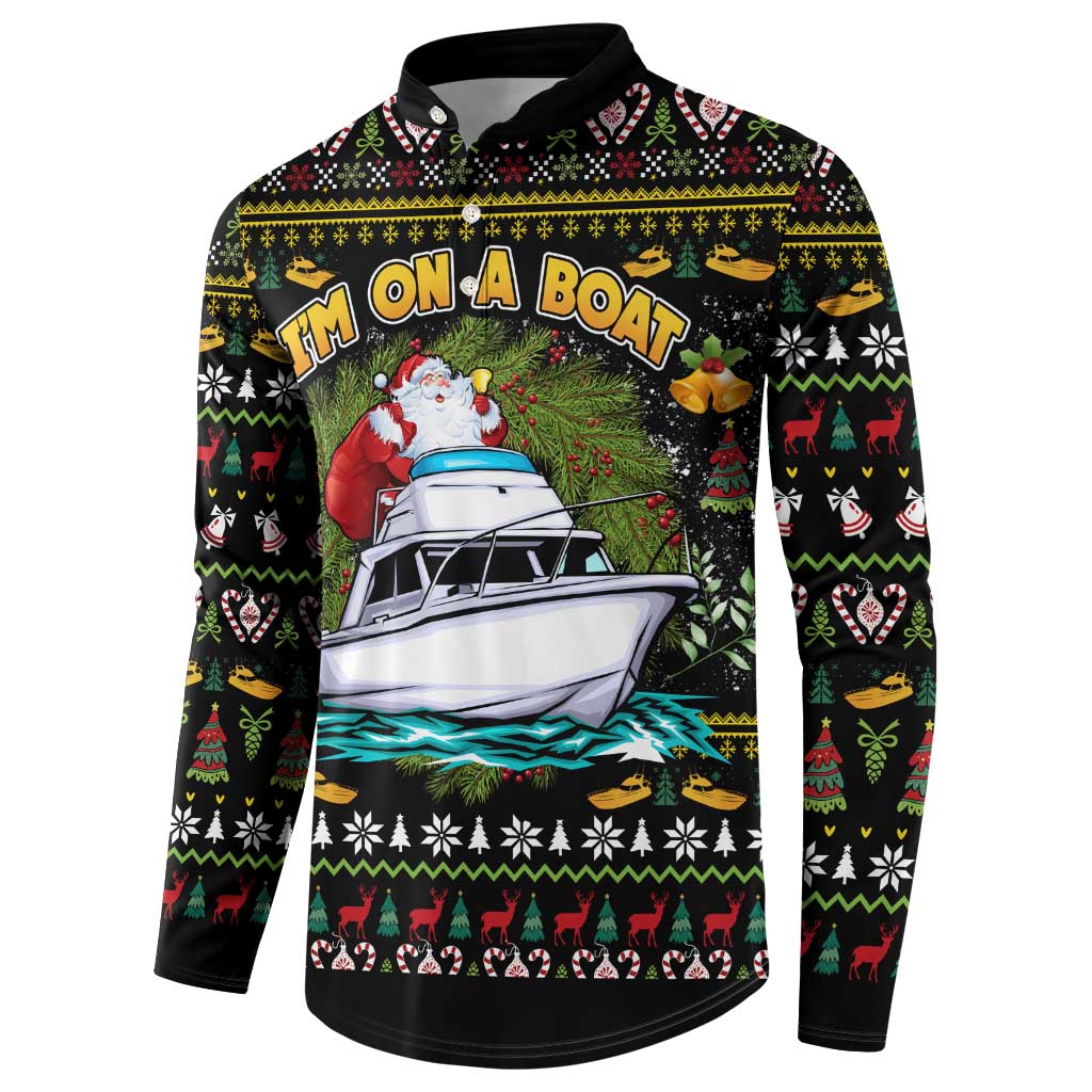 Black long-sleeve Christmas sweatshirt with Santa riding a boat graphic and festive borders