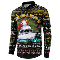 Black long-sleeve Christmas sweatshirt with Santa riding a boat graphic and festive borders