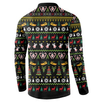 Black back-view Christmas sweatshirt with holiday pattern: trees, snowflakes, reindeer icons