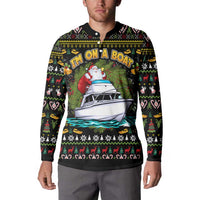 Black Santa-on-a-boat Christmas sweatshirt, buttoned collar, colorful front graphic