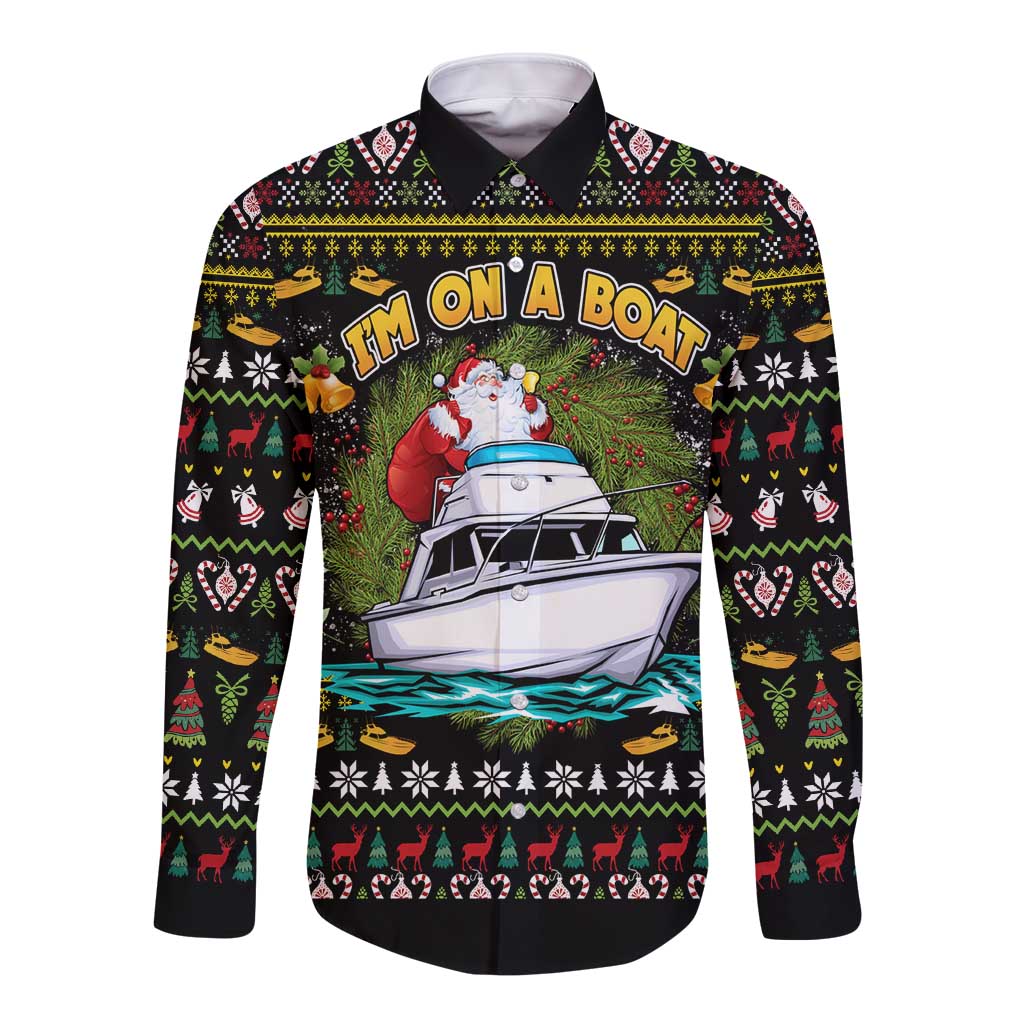 Black long-sleeve button shirt with Santa boat festive graphic