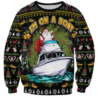 Unisex black sweatshirt with Santa and boat graphic, Christmas sweater pattern