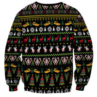 Unisex black sweatshirt with repeating Christmas icons and patterns, all-over print