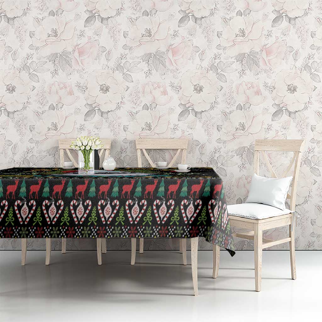 Black Christmas tablecloth with red-green motif band and white festive edge