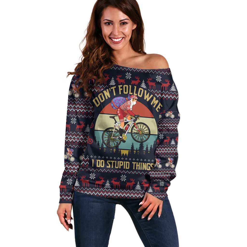 Santa Claus On Mountain Bike Off Shoulder Sweater Christmas Gifts