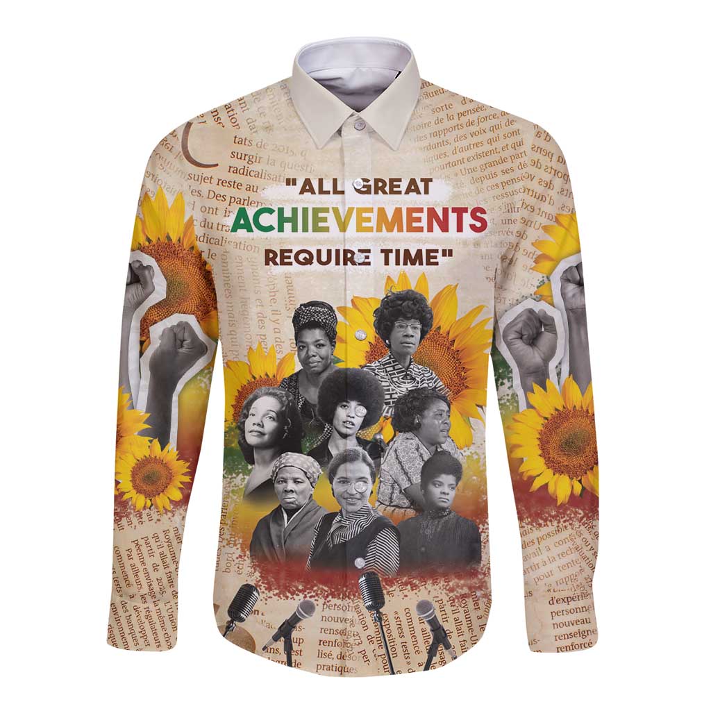 Beige long-sleeve button shirt with sunflower portrait graphic and white collar
