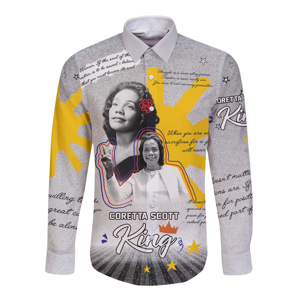Coretta Scott King Long Sleeve Button Shirt Honoring The Legacy Hand Draw Style