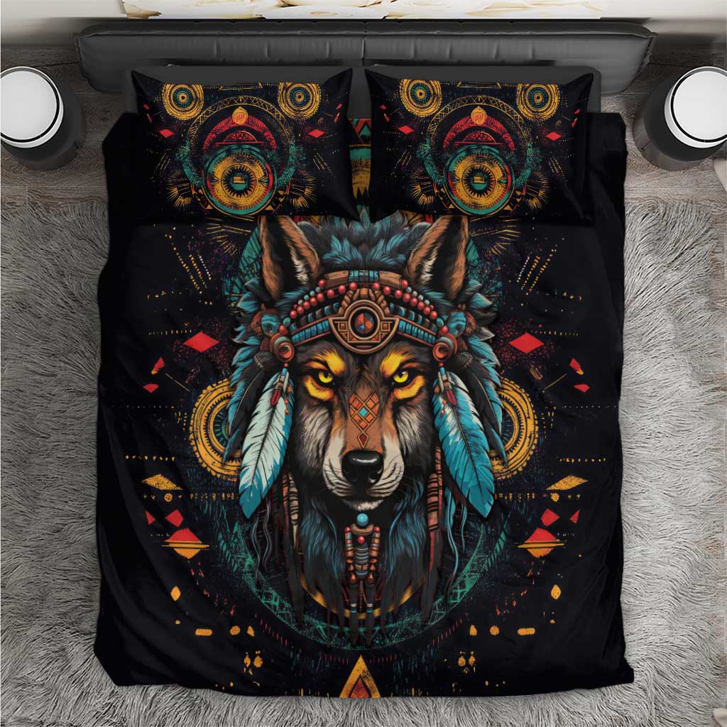 Native American Wolf Bedding Set Abstract Geometric Style