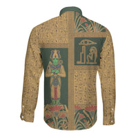 Egyptian God Osiris Long Sleeve Button Shirt Green Pharaonic Hieroglyphic Patterns